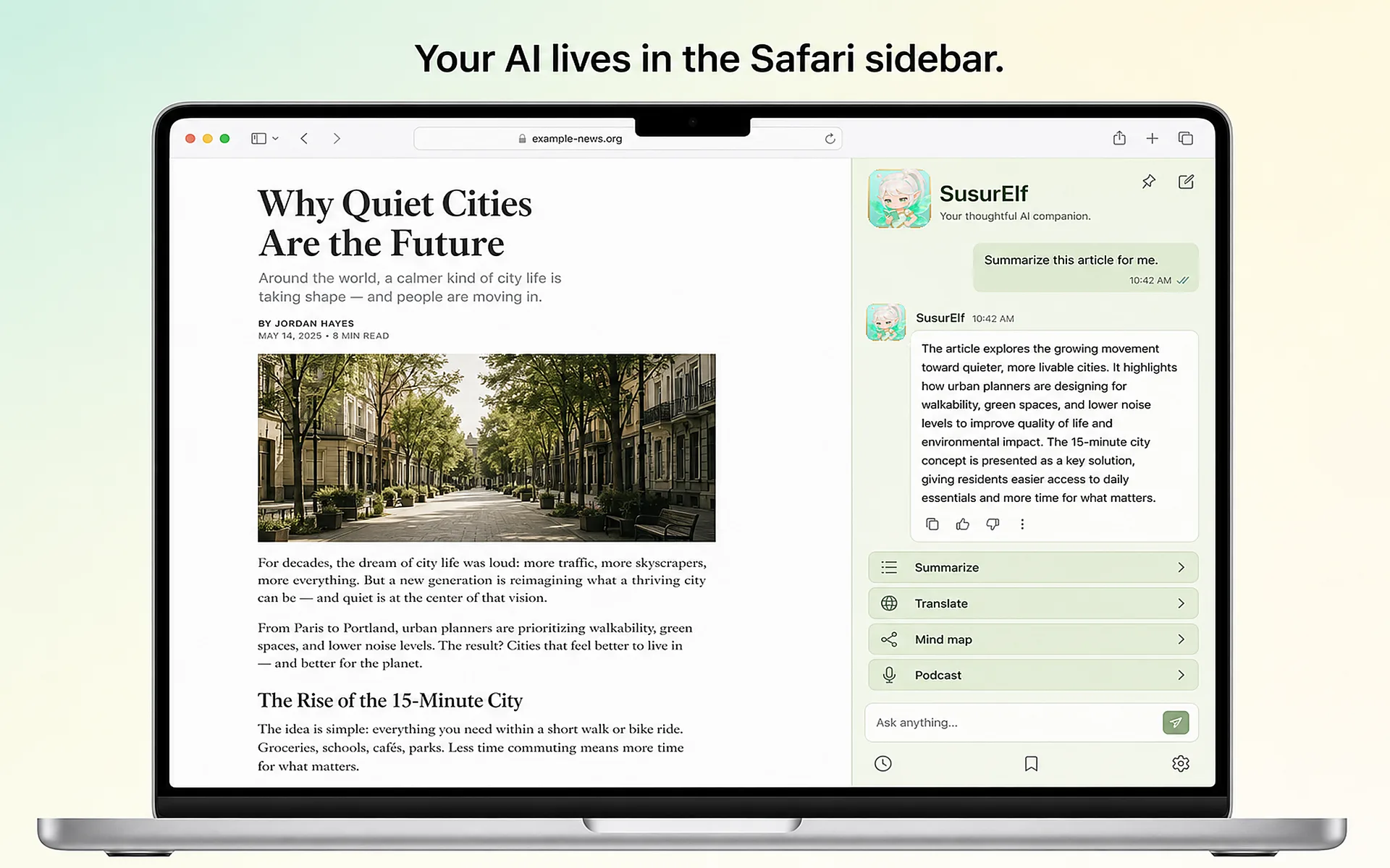 SusurElf sidebar next to a news article, playing a two-host podcast episode about it