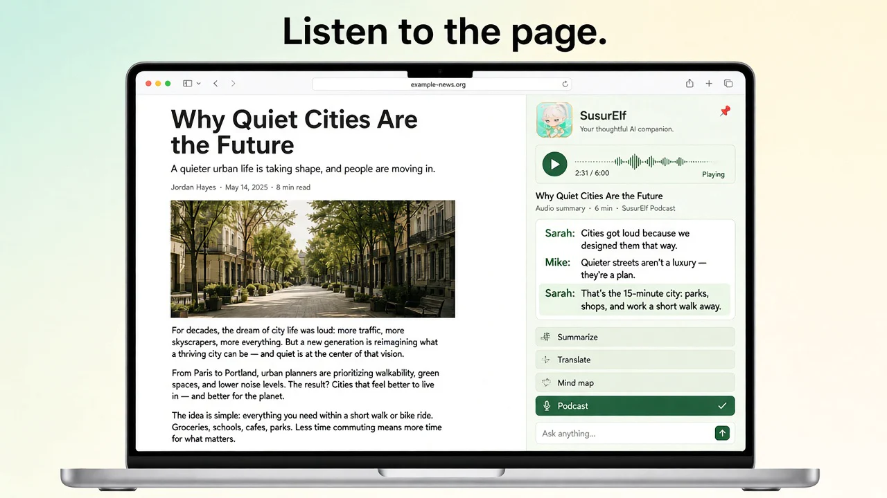 SusurElf turning a news article into a two-host podcast in the sidebar